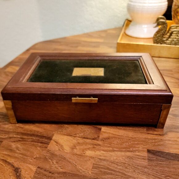 Vintage Wood and Brass Jewelry Box Stamped 1971 Royal London - Picture 1 of 11